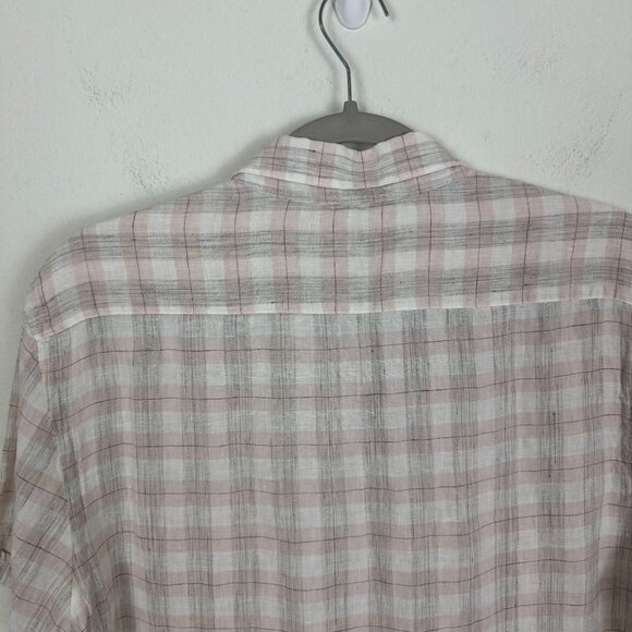 Zara Man Linen Blend Button Down Shirt M Pink Plaid Minimalist Contemporary - Picture 9 of 10